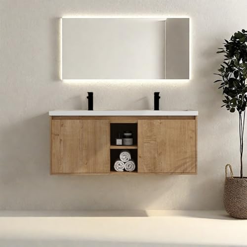 Image of Floating Bathroom Vanity, 48 inch Bathroom Storage Cabinet with Double Resin Sinks, 2 Soft-Close Doors & 2 Open Storage Shelves, Modern Wall-Mounted Vanity with 45 Bevel Handles, Oak