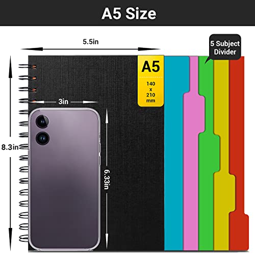 Eusoar Hardcover Spiral Notebook, 6 Pack A5 5.5"X 8.3", 5 Subject Notebook, 120 Sheets/ 240 Pages, Premium Thick 100Gsm, Large Journal Notebooks With Dividers For School Office Note Taking Gift #TOP1
