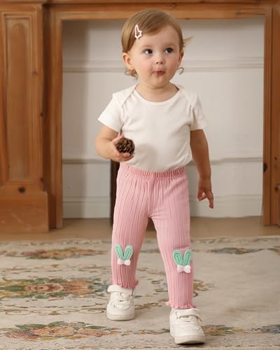 3 Pack Baby Girl Pants: Soft Solid Ribbed Pants Ruffle Hem Pull On Leggings for Infant 0-18 Months2