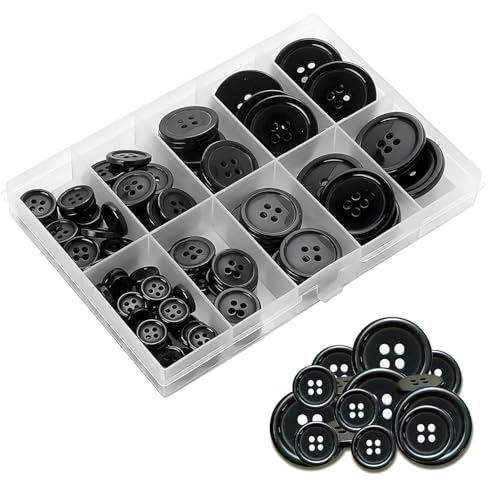 160-Piece Assorted Black Resin Buttons for Sewing Crafts and DIY Projects with Convenient Storage Box