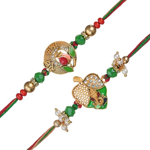 Image of eCraftIndia Radhe Krishna Rose Ganesha Rakhi Set of 2 | Rakhi for Brother Bhaiya Bhai with Best Bro Ever Fridge Magnet | Roli Chawal Pack
