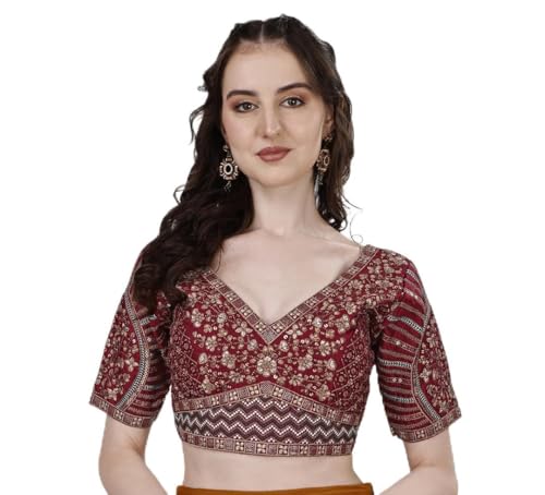 Image of Pujia Mills Mills Women's Fancy Readymade Heavy Coding Embroidary Worked Half Sleeve Multicolor Saree Blouse(Mushroom)