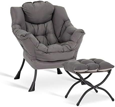 LITA Modern Lazy Chair with Ottoman, Accent Contemporary Lounge Chair Single Leisure Upholstered Sofa Chair Set with Armrests and a Side Pocket, Reading Chair for Living Room & Bedroom, Dark Grey