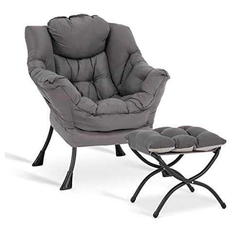 LITA Lazy Chair with Ottoman, Modern Accent Leisure Upholstered Lazy Sofa Armchair, Contemporary Lounge Reading Chair with Armrests and a Side Pocket for Living Room, Bedroom & Small Space, Dark Grey Cover