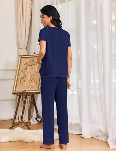 Ekouaer Womens Pajama Sets 2 Piece Lounge Set Soft Pajamas for Women Set Short Sleeve and Long Pants Pjs with Pockets Navy Blue — view 5