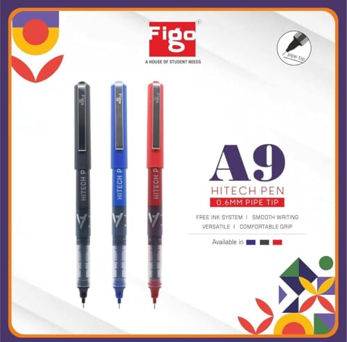 Image of Figo A9 Hi-Tech Liquid Roller Pen, 0.6mm Metal Tip, Smooth Writing, Comfortable Grip (Pack of 7) (Red)