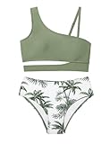 Queenstyle Girls Swimsuit Size 15 16 Swimsuits for Teen Girls Cutout Bathing Suits for Girls 14-15 Green Leaf Print High Waist Bikini Teen Girls' Swimwear