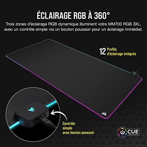 Corsair MM700 RGB Extended 3XL Tapis de Souris Gaming en Tissu - Surface de 1220 x 610 mm - Éclairage RGB sur Trois Zones à 360° - Hub doté de Deux Ports USB - Base en Rugueux Antidérapante - Noir