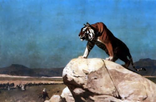 Tigre aux aguets peinture sur toile décoration salon contemporain