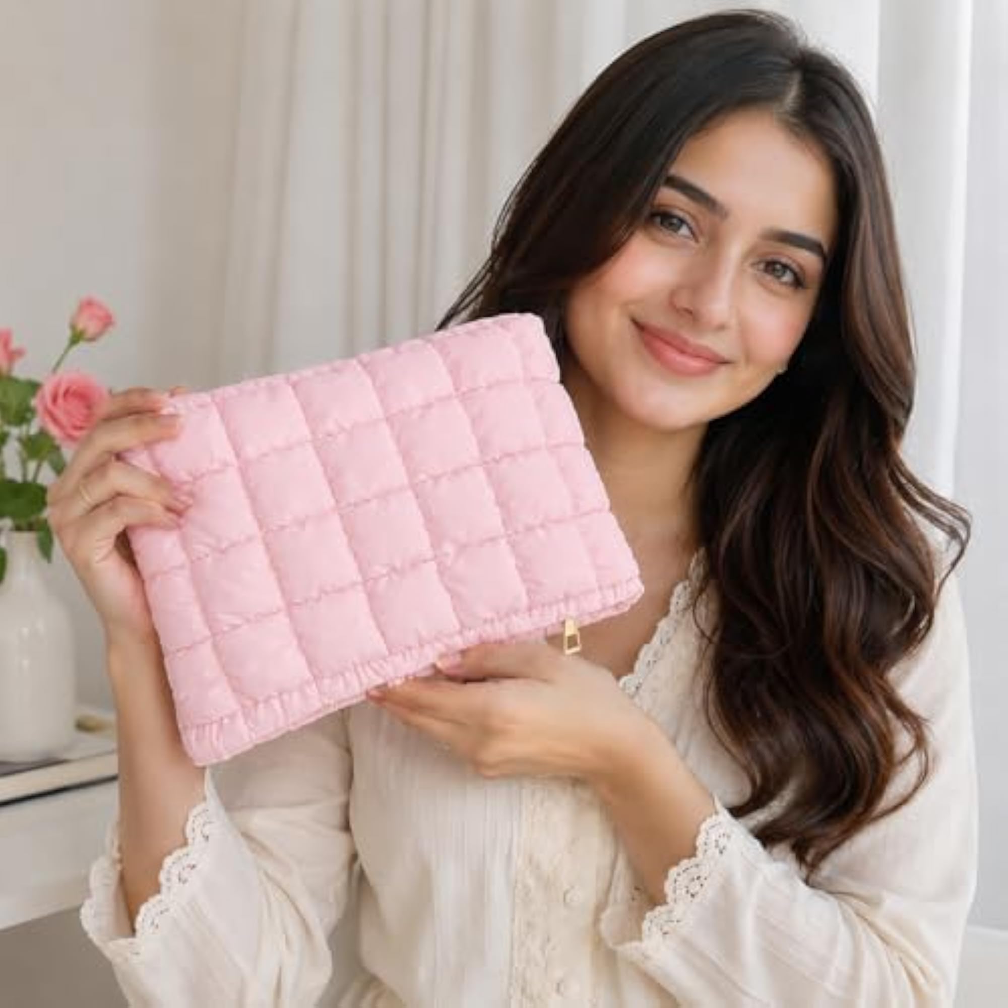 Light Pink Quilted Cosmetic Bag for Women