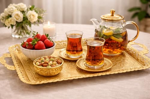 Turkish Vintage Style Entertaining Tray - |15.4” x 10.2”Multi-Purpose, Non-Tarnishing, Zamak Alloy, Decorative Ottoman Style - Rectangular Serving Tray for Coffee & Beverages (Gold) by PARK & OZ - Image 7