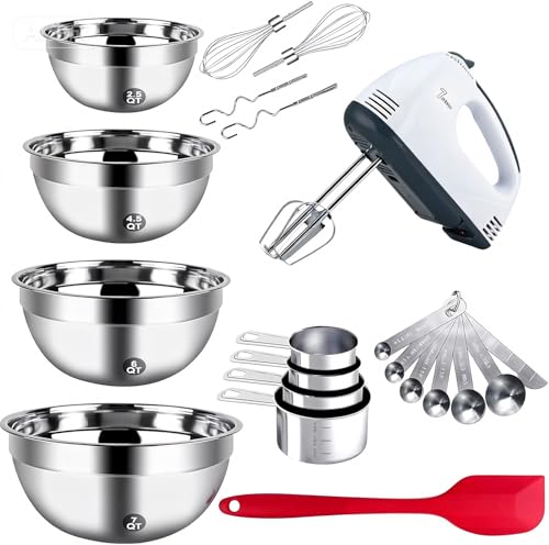 7-Speed Electric Hand Mixer, 4 Large Mixing Bowls Set, Handheld Mixers with Whisks Beater, Stainless Steel Metal Nesting Bowl Measuring Cups Spoons Kitchen Cake Blender for Baking Supplies