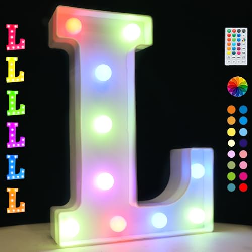 Oycbuzo Light Up Colorful LED Marquee Letter Lights, 18 Colors Changing Alphabet Letters Sign with Remote Timer for Night Light Wedding Birthday Party Lamp Christmas Home Bar Decor- Colorful L
