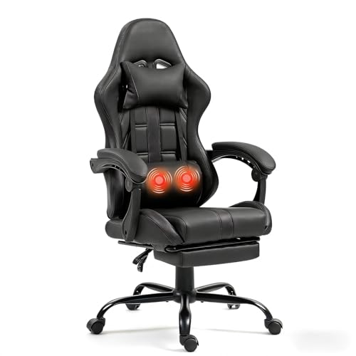 ECOTOUGE Massage Gaming Chair, Video Game Chair with Footrest, Ergonomic Computer Chair with Headrest and Massage Lumbar Support, Height Adjustable High Back Office Desk Chair with 360° Swivel, Black