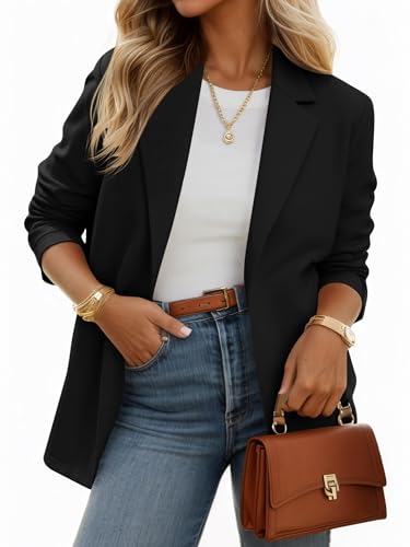 Image of Cicy Bell Womens Casual Knit Blazer Long Sleeve Open Front Blazers Stretchy Work Office Suit Jackets with Pockets Black