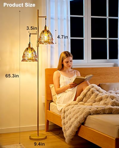 Image of 2-Light Modern Glass Floor Lamp, Gold Tall Standing Lamp with Amber Lace Glass Shade for Reading, Dimmable LED Floor Lamp with 5Lbs Heavy Base for Living Room Bedroom Home Decor, Bulb Included