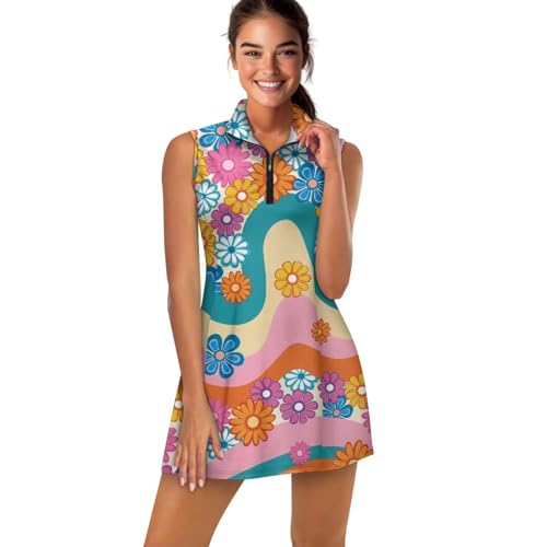 PJHEQOXE Boho Style Sleeveless Tennis Dress for Women,70s Hippie Floral Print Tennis Golf Dresses with Shorts and Pockets for Workout Athletic Dresses Pickleball Padel Top