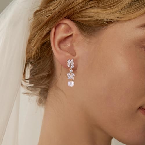 SELFROSE Pearl Earrings for Women,Dainty Wedding Earrings 14K Gold Plated Dangle Earrings for Women Trendy Hypoallergenic Rhinestone Drop Earrings Simple Pearl Wedding Earrings for Brides Jewelry by SELFROSE - Image 6