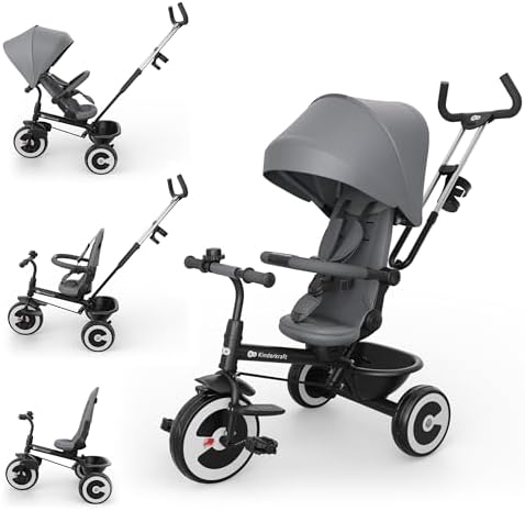 Kinderkraft ASTON 2 PRO Triciclo Passeggino, Sedile Girevole 360°, Grigio