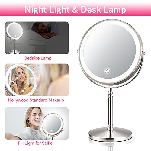 Amznevo Rechargeable 8'' Lighted Makeup Mirror, 1X 10X Magnifying Vanity Mirror With 3 Color Led Lights, Touch Sensor Adjust Brightness Double-Sided Cosmetic Mirror, Brushed Nickel #TOP5