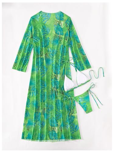 GORGLITTER Women's Three Piece Swimsuit Tropical Halter Bikini Set with Open Front Kimono2