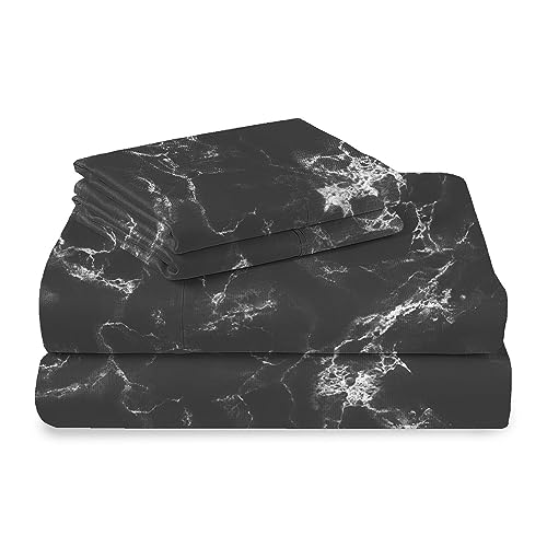 Pizuna 100% Cotton Marble Print Full Sheets Set 400TC Black