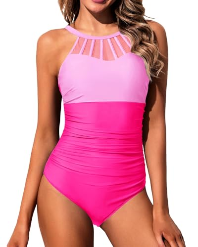 Holipick Pink Color Block One Piece Swimsuit Women Tummy Control High Neck XL