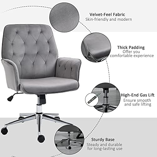 Vinsetto Velvet-Feel Fabric Office Swivel Chair Mid Back Computer Desk Chair with Adjustable Seat, Arm - Deep Grey