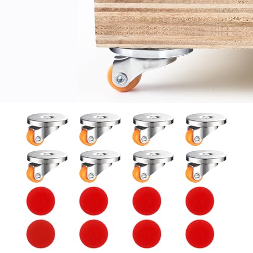 QOPAHI 8 Pcs Self Adhesive Small Castor Wheels, 0.5 inch Mini Swivel Castors Rollers, Caster and Wheels for Kitchen Appliances/Storage Box/Tray/Trash Bin/Light Furniture(Orange)