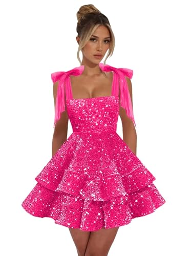 BONOYUER Sparkly Sequin Homecoming Dresses 2025 for Teens Bow Straps Mini Short Tiered Prom Cocktail Dress
