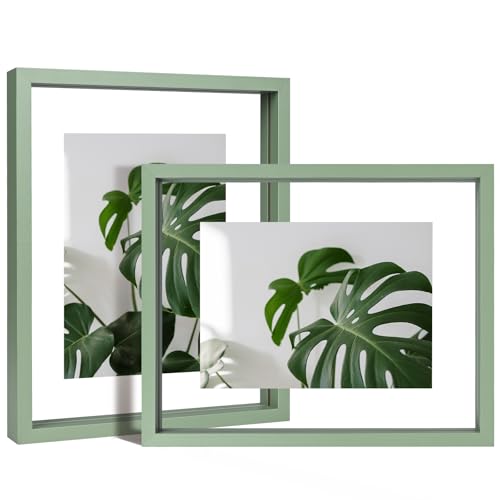 Egofine 8x10 Floating Frames Set of 2, Double Plexiglass Picture Frame, Made of Solid Wood Display Any Size Photo up to 8x10, Wall Mount or Tabletop Standing, Green
