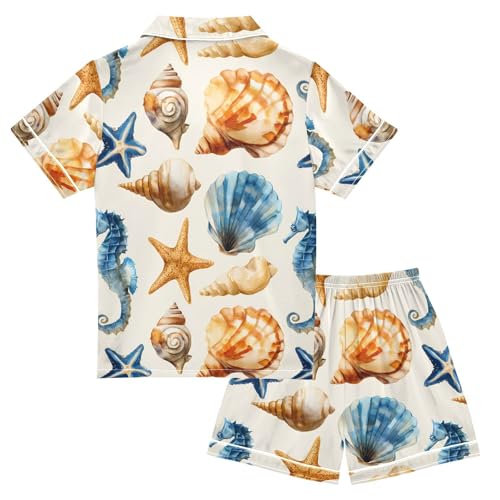ALAZA Seahorse Shell White Satin Pajamas Set Short Sleeve Button Down Sleepwear Summer Pjs 2 Piece2