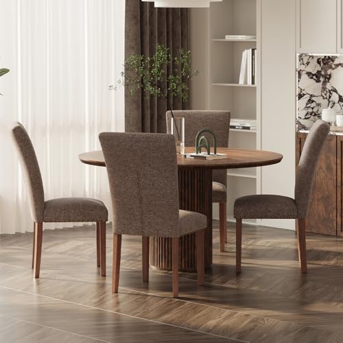 Image of Farmhouse Dining Chairs Set of 4, High Back with Wooden Legs and Nailhead Trim, Modern Fabric Dining Room Chair for Kitchen /Restaurant