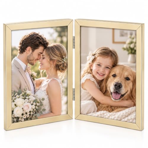 Golden State Art 4x6 Double Picture Frame with Real Glass, Light Gold