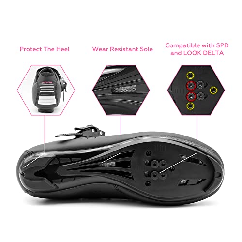 Schib Cycling Shoes Compatible With Peloton Look Delta Spd Sl Bicycle Road Bike Spin Shoes Women Indoor Cycling Shoes Indoor Outdoor Road Bike Riding Shoes For Men Women Black/Pink #TOP3
