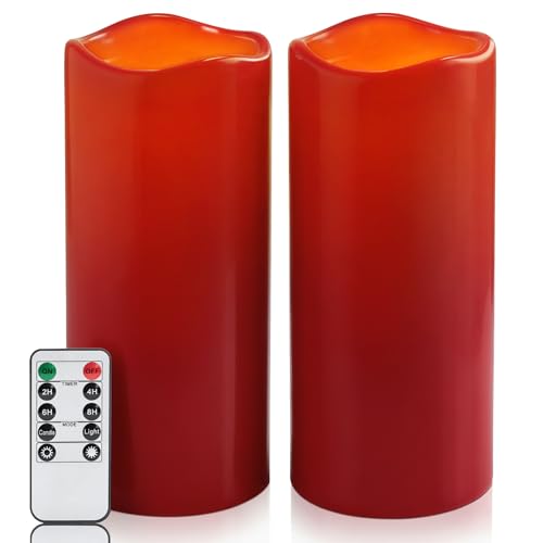 Image of Homemory 4 inchx10 inch Burgundy Flameless Candles, Red Candles, Outdoor Waterproof Flameless Candles with Remote and Timers, Battery Operated LED Pillar Candles, Christmas Decor, Won't Melt Plastic, Set of 2