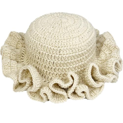 Hshsclth Crochet Hat Knitted Bucket Hats Solid Color Fashion Ruffled Brim Floopy Bucket Hat for Women (US, Alpha, One Size, Beige)