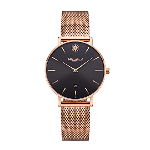 Kistanio Petit Damenuhr mit Milanaiseband Datum Edelstahl Rose Schwarz Saphirglas RG-BLKS-M