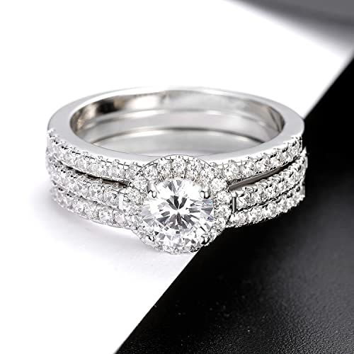 Mdfun Three-In-One Round Halo Wedding Band Set Engagement Ring 18K White Gold Plated Cubic Zirconia Promise Eternity Ring For Women Size 5 #TOP2