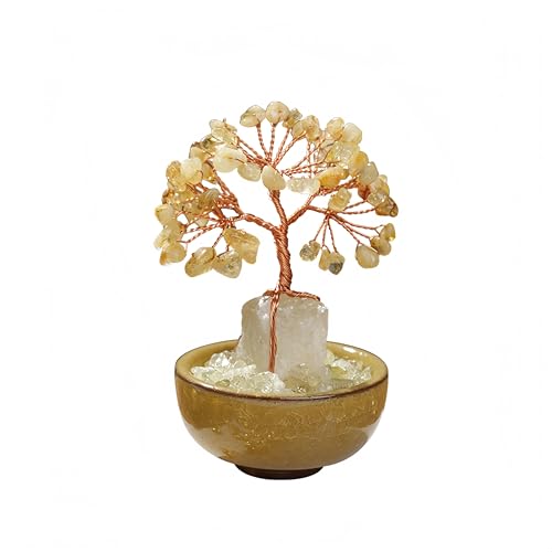 Yellow Crystal Money Tree with Ice Crack Bowl 4.7 Inch Wealth & Prosperity Decoration for Home Office Desk Crystal Gemstone Bonsai Tree Gift (Yellow)