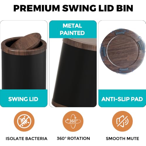 Image of 2.3 Gal /2.6 Gal Metal Shake Lid Trash Can, Double Bucket for Bathroom, Living Room, Kitchen, Office (Black Gold lid - 15L)