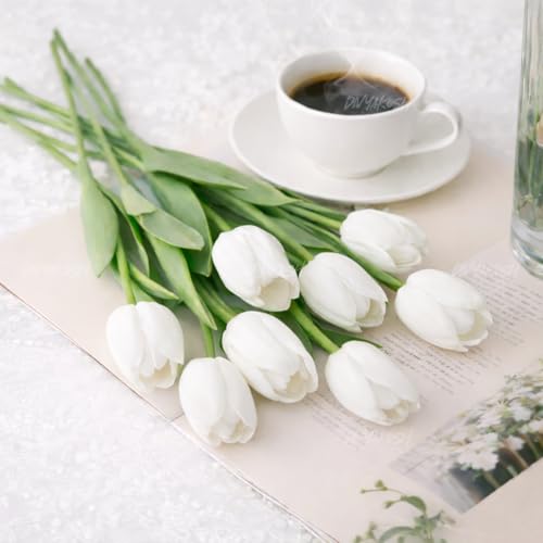 Image of Divyakosh Artificial White Tulip Flower with 5 Tulips (Vase not Included) - Realistic Decorative Flowers for Home Decor, Living Room, Bedroom, Office, Wedding Decoration, Table Centerpiece & Gifting