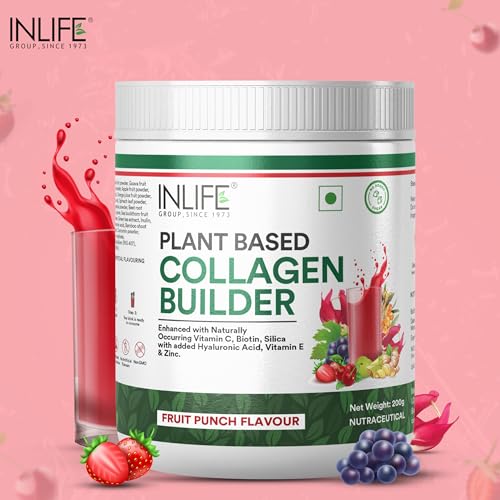 Image of INLIFE Collagen Builder Supplements For Women and Men | Plant Based Collagen Powder with Biotin from Sesbania, Vitamin C, Silica, Hyaluronic Acid, Vitamin E, 200g (Fruit Punch)