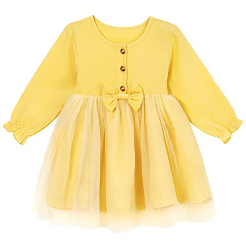 Baby Mädchen Schleife Tüll Kleider Kleinkind Winter Langarm Spielkleidung Kleid Kinder Einreihiges Prinzessin Party Kleid Kleid Kleines Mädchen Outfits Freizeitkleidung 6 Monate - 4 Jahre, Yellow, 92 Cover