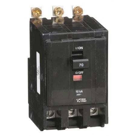 Square D QOB370 Miniature Circuit Breaker, 240 VAC/48 VDC, 70 A, 10 kA Interrupt, 3 Poles