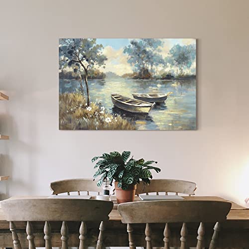 Lake Boat Canvas Wall Art: Modern Nature Tree Landscape Painting Abstract Sunset Forest Scene Print Decor Hand Painted Contemporary Gallery Picture Texture Contemporary Gallery Artwork For Home Bedroom Living Room #TOP4