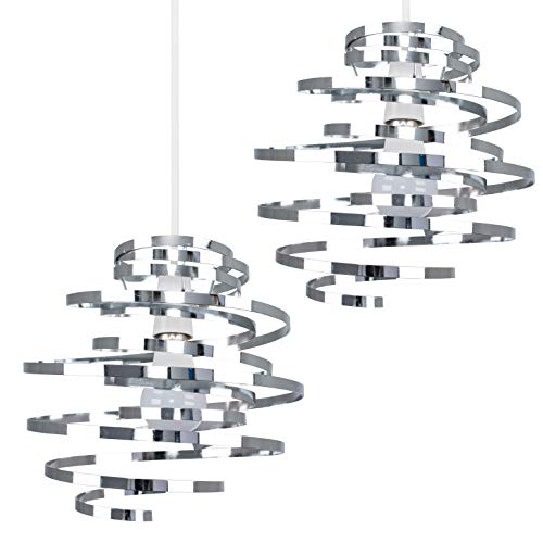 MiniSun | Contemporary Silver Chrome Double Ribbon Spiral Ceiling Light Shades | Pendant Lights, Home Décor & Improvement Essential | Set of 2 | Includes 10W LED GLS Bulbs | 300mm Shade Width