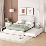 NQSLDM Cama con plataforma de 140 x 200 cm con cama nido y 2 cajones, cama de matrimonio con cabecero ajustable y somier de láminas, estructura de madera de pino, lino, sin colchón, beige