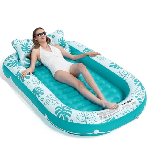 Inflatable Tanning Pool Lounger Float with Cervical Pillow - Pool Floats Adult for Sunbathing, Backyard, Pool Party - Inflate Ball Pit - Swimming Pool Bed (TealGreen-L(71"x47"))