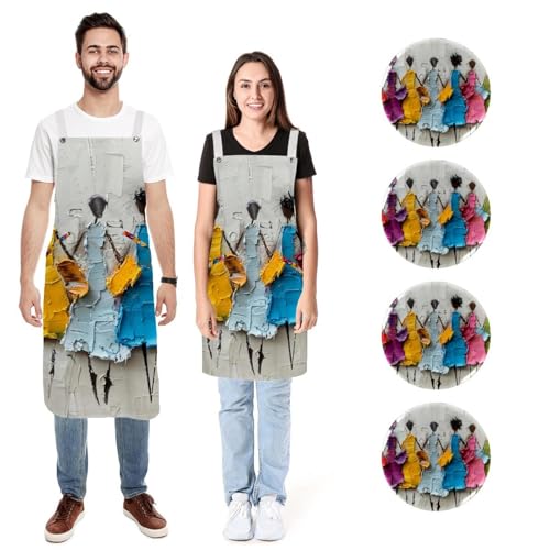 Tablier de cuisine coloré pour femmes en tissu doux et ajustable au motif art abstrait